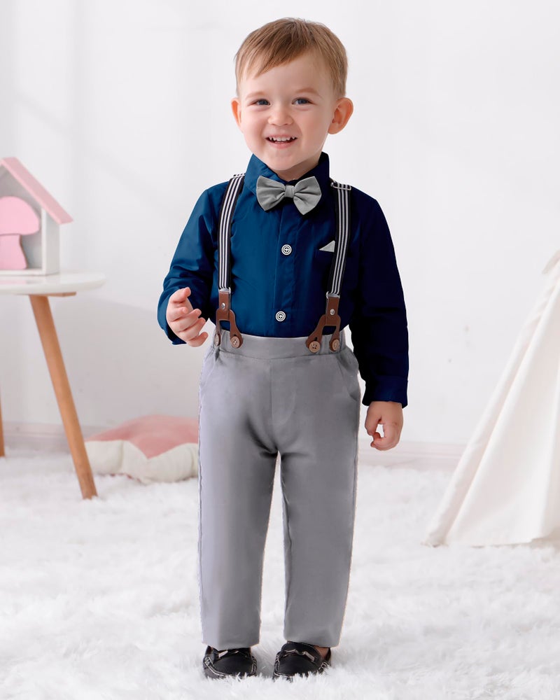 DISAUR Boys Church Outfit Long Sleeve Dark Blue Grey Dress Shirt Bow Tie Suspender Pants Toddler Formal Outfit Boy 2t 3t 2-3t - Image 3