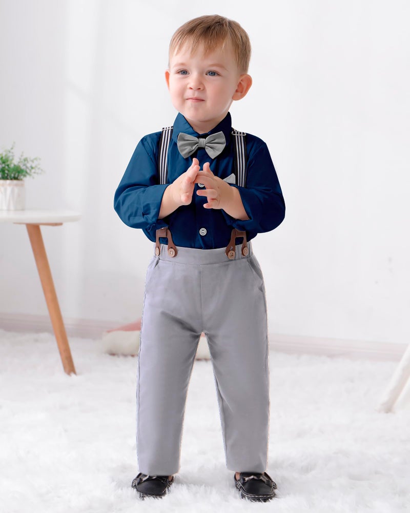 DISAUR Boys Church Outfit Long Sleeve Dark Blue Grey Dress Shirt Bow Tie Suspender Pants Toddler Formal Outfit Boy 2t 3t 2-3t - Image 2