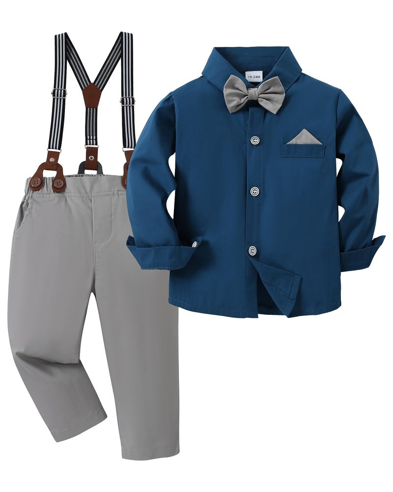 DISAUR Boys Church Outfit Long Sleeve Dark Blue Grey Dress Shirt Bow Tie Suspender Pants Toddler Formal Outfit Boy 2t 3t 2-3t - Image 1