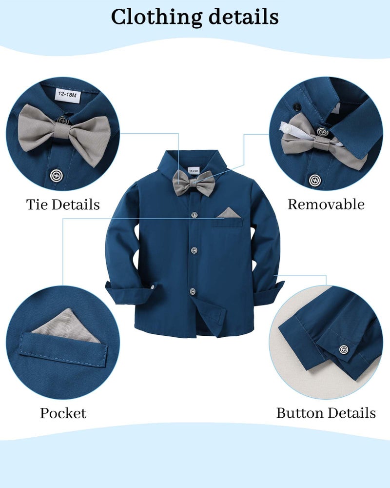 DISAUR Boys Church Outfit Long Sleeve Dark Blue Grey Dress Shirt Bow Tie Suspender Pants Toddler Formal Outfit Boy 2t 3t 2-3t - Image 5