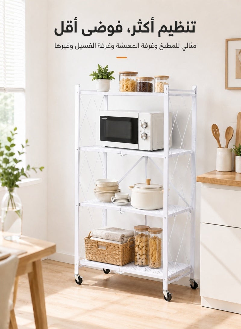 رايز رف تخزين المطبخ ووحدة رفوف معدنية ثقيلة على عربة متحركة للمرآب، المطبخ، القبو، المخزن، رفوف تخزين سميكة قابلة للطي بأربع طبقات مع عجلات، سعة كبيرة، بيضاء - Image 5
