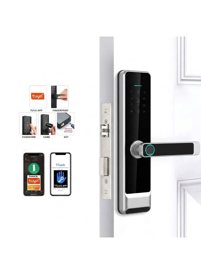 5-in-1 Smart Door Lock with TTlock & Tuya App, Fingerprint Digital Keyless Entry, WiFi Network Enabled Electronic Door Handle for Wood Door, Home & Airbnb Apartment Security (Silver) - Image 3