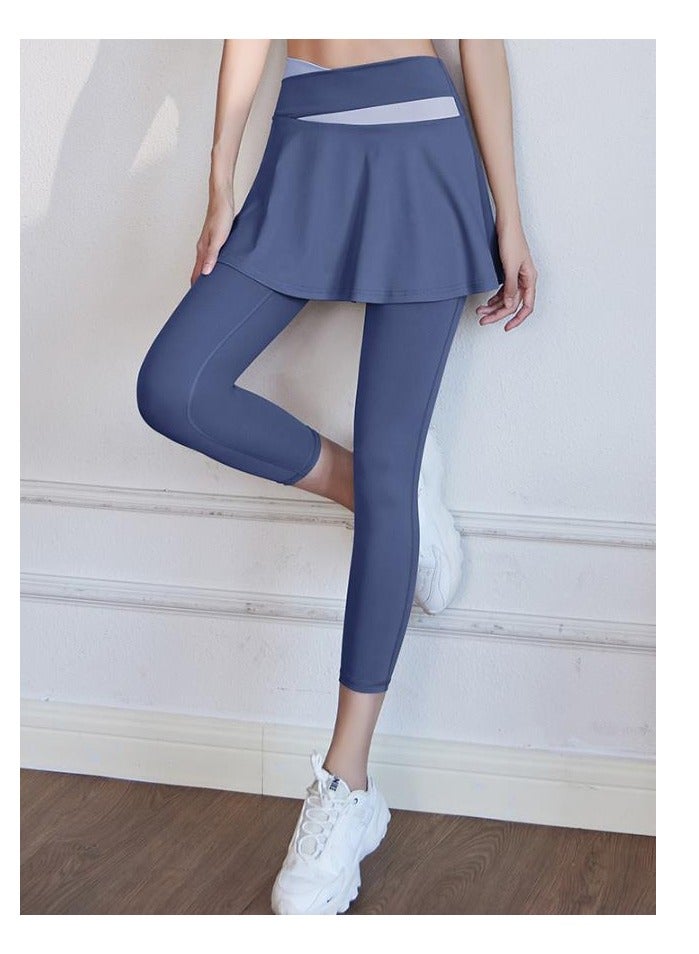 Color Blocked High Waisted Tight Fitting Anti Glare Fake Two-Piece Yoga Pants  - Image 2