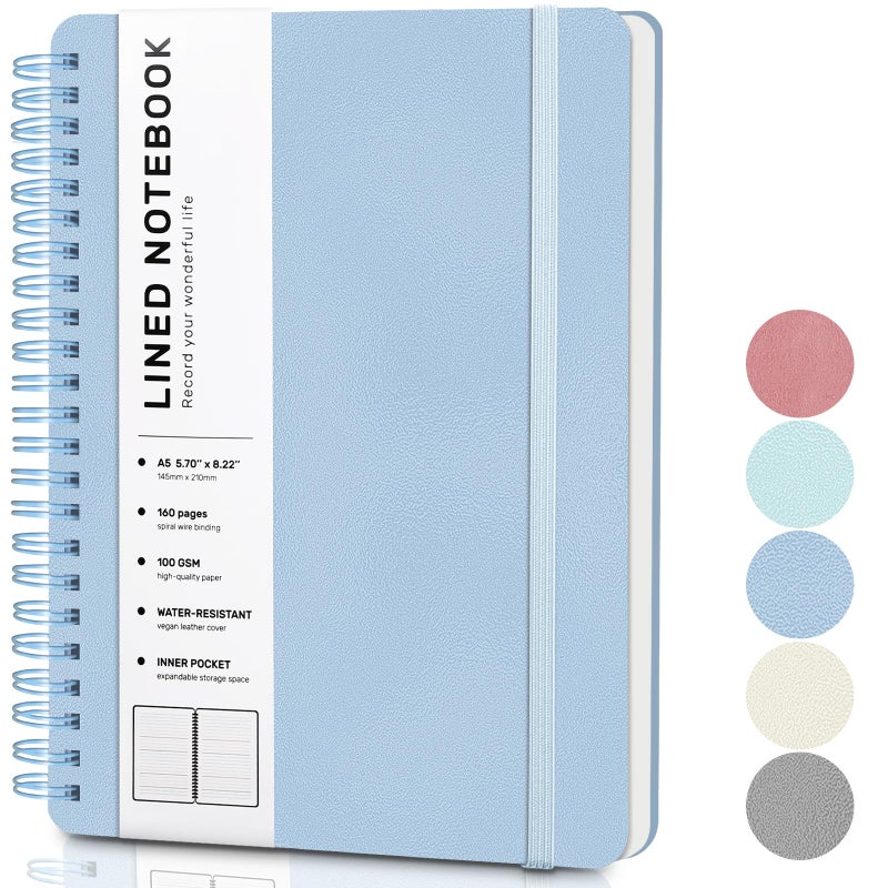 LACCHOUFEE Lined Spiral Journal Notebook, A5 Hardcover Leather Notebook for Work, 5.7''×8.2'', 100GSM Thick Paper Spiral Bound Journaling Notebooks for Women & Men Office School Note Taking Business, Morandi - Image 1