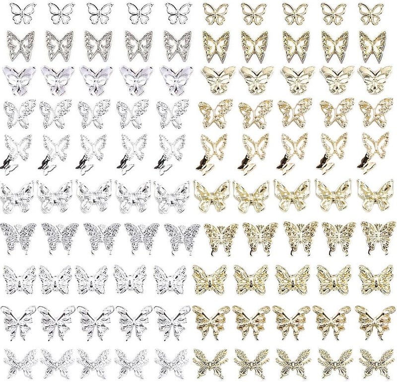 Butterfly Nail Charms,100 PCS Nail Charms Silver Nail Butterfly Charms Gold Butterflies Charms Butterfly Charms for Nails 3D Nail Charms Gold Nail Charms Silver Charms for Acrylic Nails