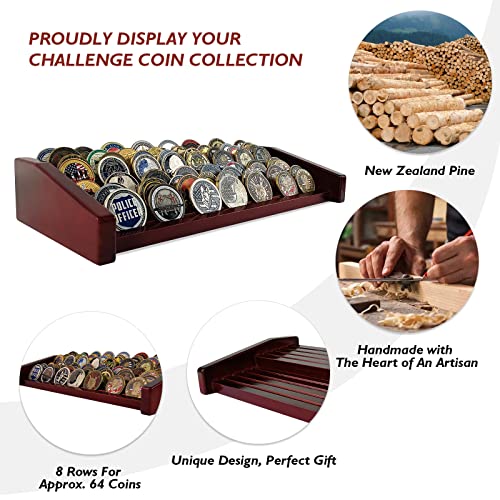 ASmileIndeep 8 Rows Military Challenge Coin Display Stand - Holds 60-70 Coins, Solid Wood Army Police Coin Rack Display Holder for Desktop, Mahogany - Image 2