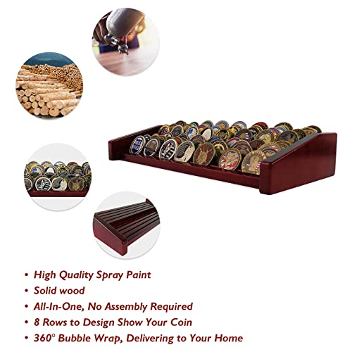 ASmileIndeep 8 Rows Military Challenge Coin Display Stand - Holds 60-70 Coins, Solid Wood Army Police Coin Rack Display Holder for Desktop, Mahogany - Image 5
