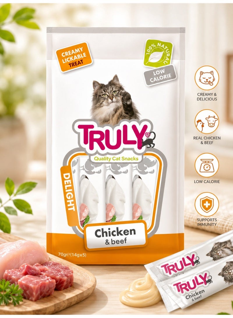 Truly Creamy Lickable Cat Treats – Chicken & Beef Flavor – Premium Cat Snack – Low Calorie Creamy Treats – 5 Sticks (70g) - Image 1