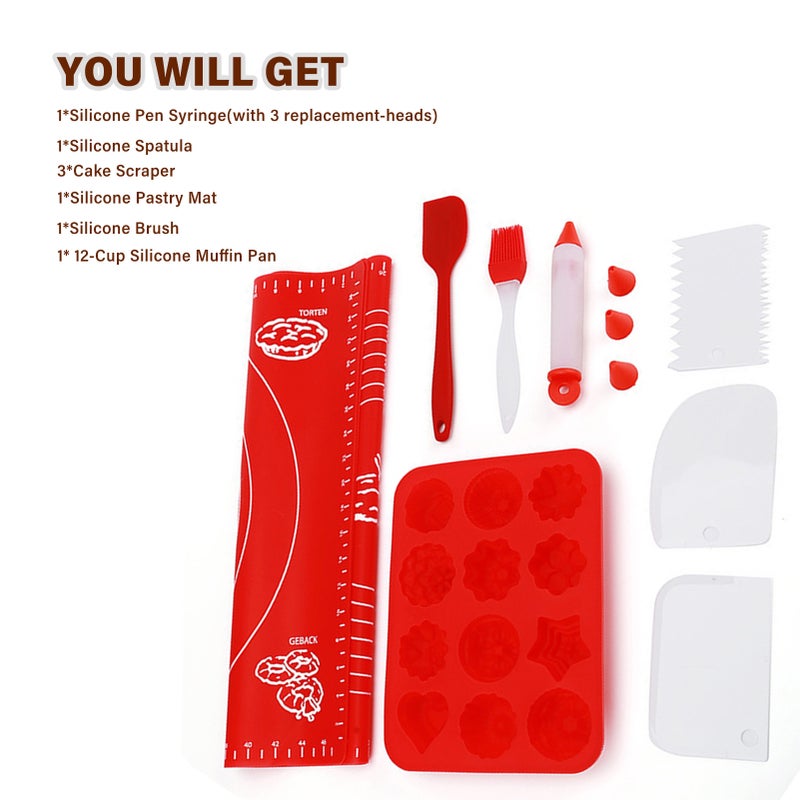 8PCs Bakeware Set Silicone Pastry Dough Rolling Mat Pen-Syringe Spatula Cake Scraper Brush 12-Cup Muffin Pan Varied Shapes Non-stick Dishwasher-Safe Kitchen Baking Utensils Beginner Friendly - Image 2