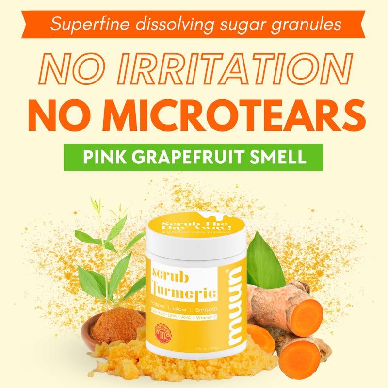 Muun Turmeric Scrub with Kojic Acid AHA/BHA Face &Body - Exfoliator Dark spot Remover- Ingrown Hair Treatment Bikini Area Inner Thighs Armpit Underarm Exfoliating - Image 5