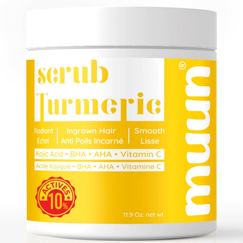 Muun Turmeric Scrub with Kojic Acid AHA/BHA Face &Body - Exfoliator Dark spot Remover- Ingrown Hair Treatment Bikini Area Inner Thighs Armpit Underarm Exfoliating - Image 1