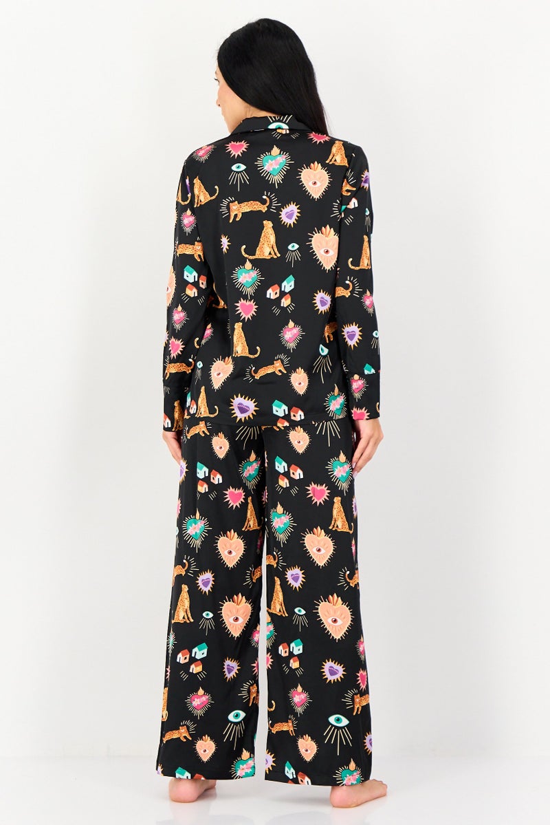 bebe Women 2 Pieces Allover Print Long Sleeves Nightwear Set, Multicolor - Image 2