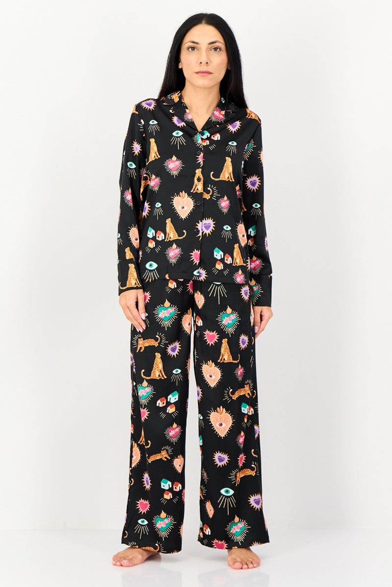 bebe Women 2 Pieces Allover Print Long Sleeves Nightwear Set, Multicolor - Image 1