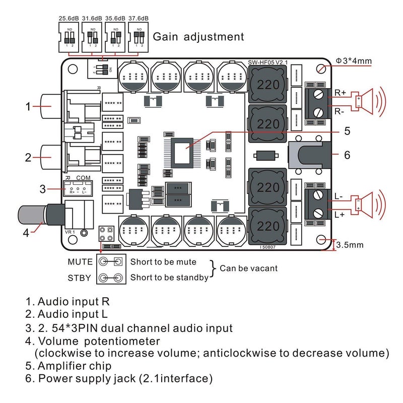 Robodo لوحة مضخم الصوت الرقمي TDA7498 عالية القدرة 2 * 100 واط DC 14-34 فولت مضخم صوت ستيريو - Image 4