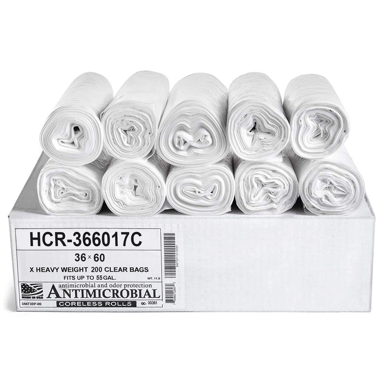 Aluf Plastics High Density Trash Bags 55 Gallon 200 Count 17 Micron eq 36 x 60 Clear for Bathroom Office Industrial Commercial Janitorial Municipal Recycling