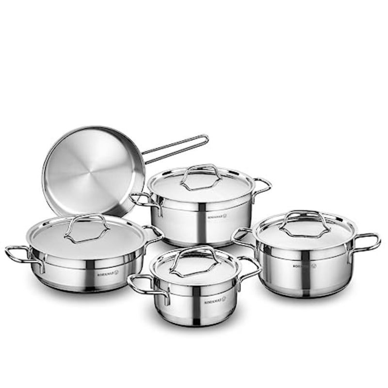 Alfa 9 Pieces Tri-Ply Bottom Stainless Steel Cookware Set Sandwich Bottom Induction Compatible Cookware Pots and Pans Set Silver - KA1660 - Image 1