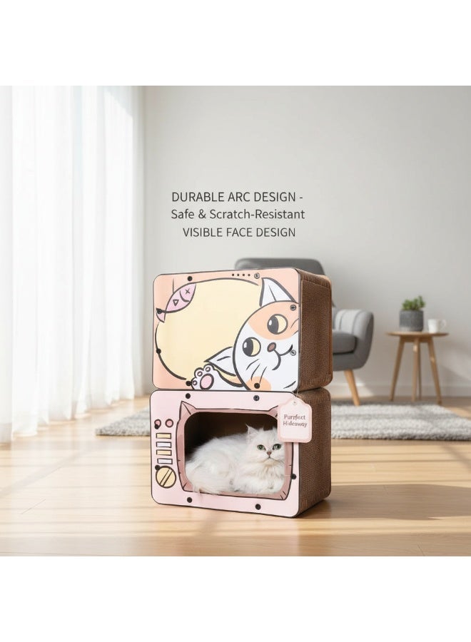 EPET Cat Scratcher Cardboard House & Lounge- Retro TV Durable Corrugated Scratching Pad (Pink) - Image 4