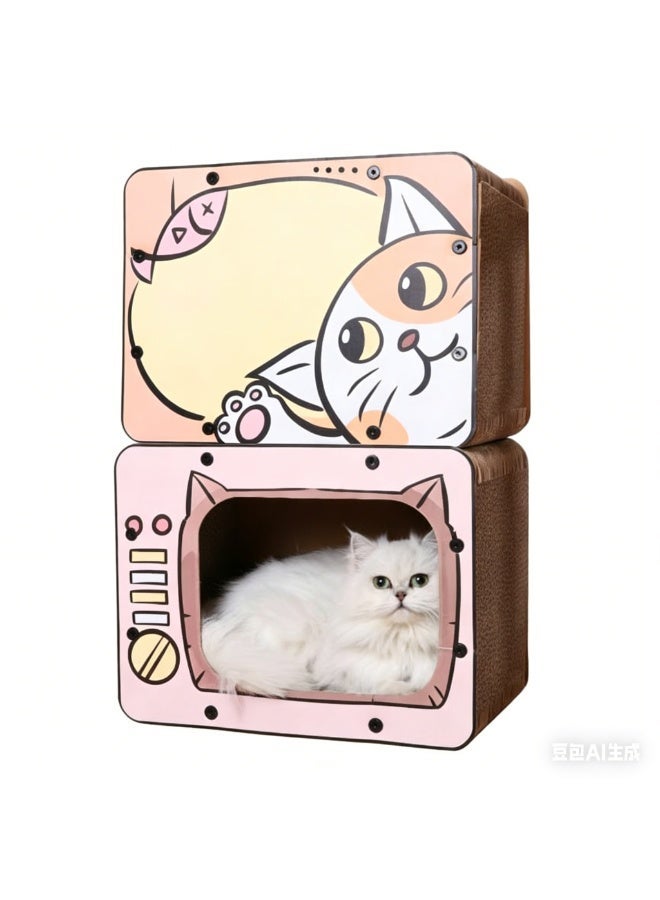 EPET Cat Scratcher Cardboard House & Lounge- Retro TV Durable Corrugated Scratching Pad (Pink) - Image 1
