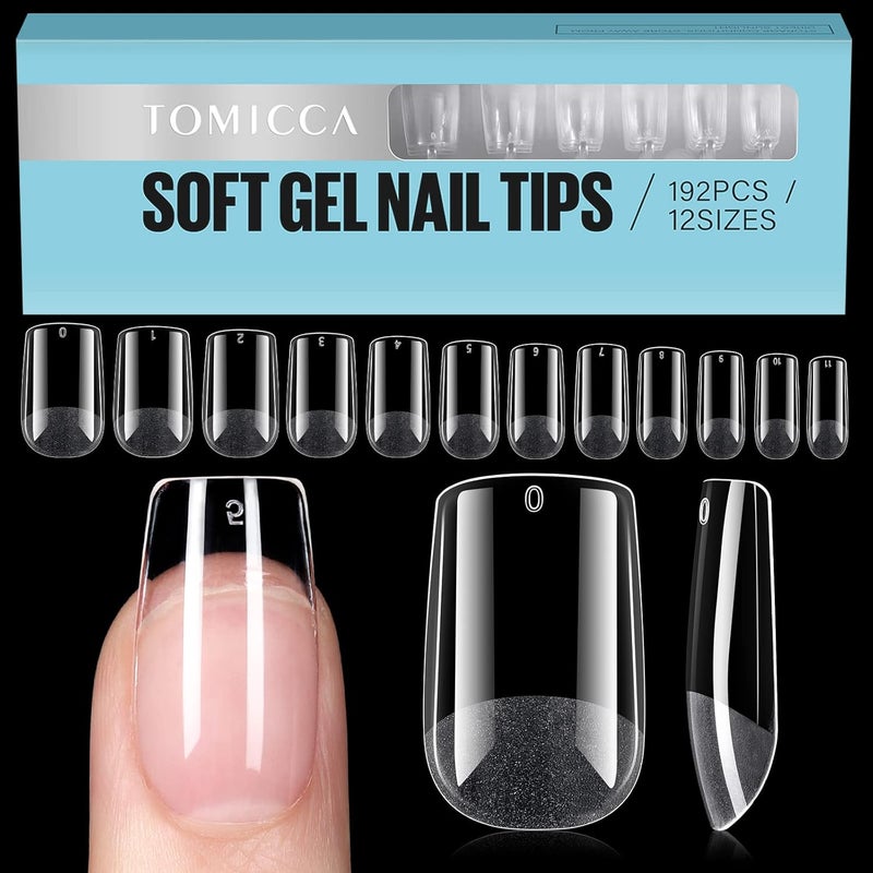 TOMICCA Square Shaped Short Nail Tips 192PCS Half Matte Soft Gel No File Needed Full Cover False Nails Clear Acrylic Strong Tips for Press On Extension 12 Sizes