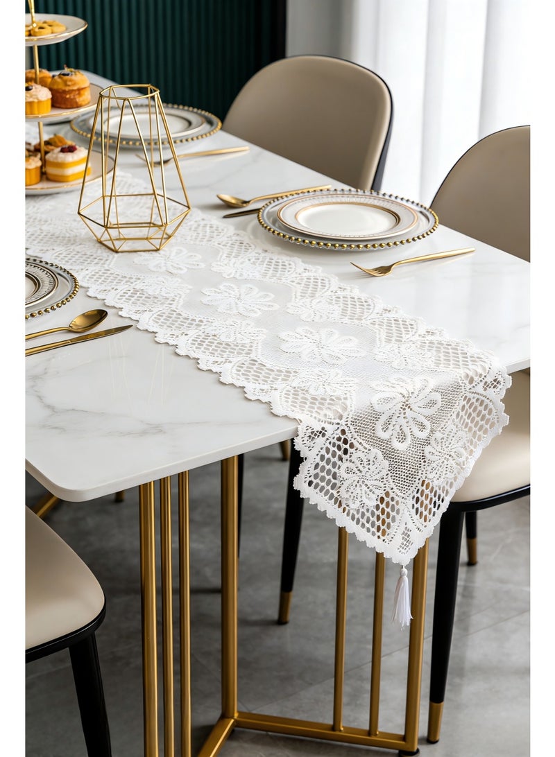 Hollow Lace Table Runner, 182x33cm White Table Runner With Tassels, Vintage Cotton Crochet Table Runner, Fresh TV Cabinet And Coffee Table Cover, Pointed Single Tassel Style - Image 4