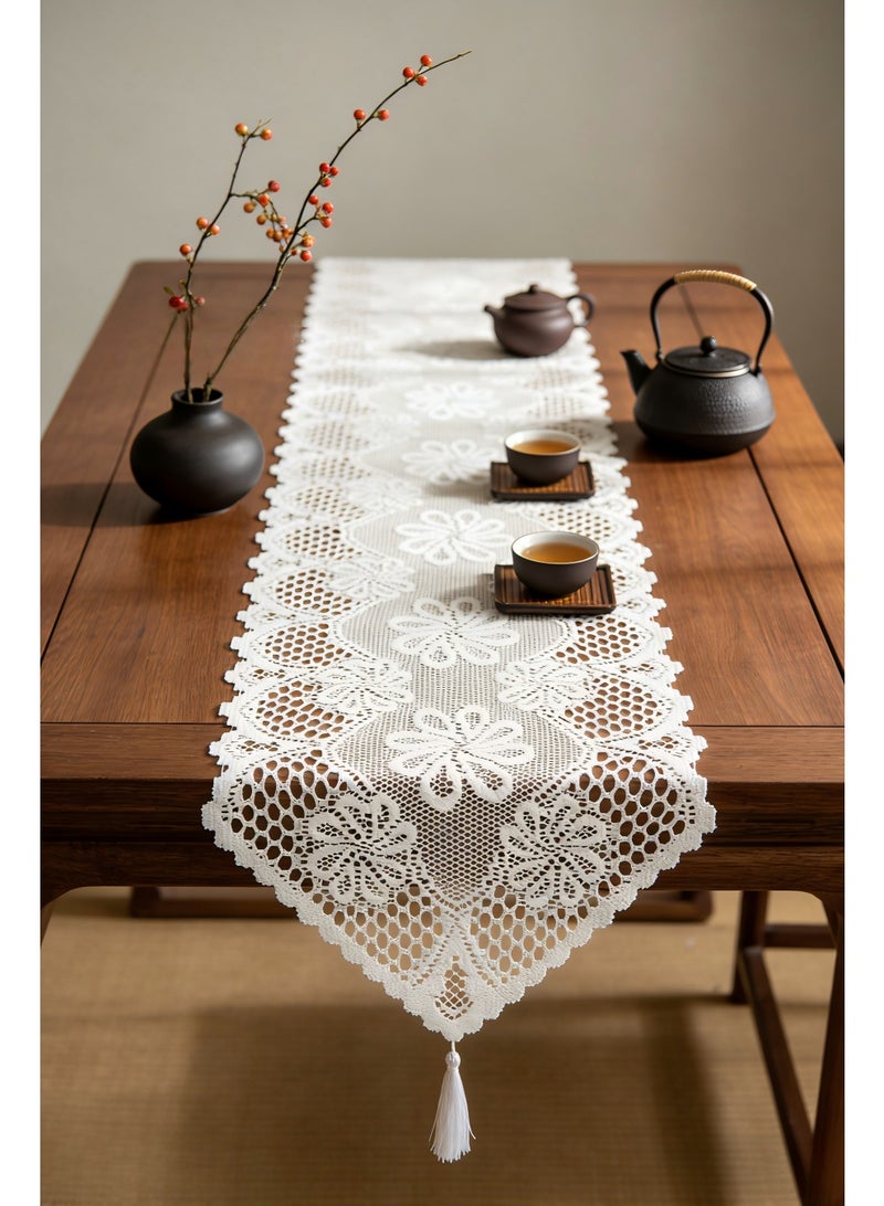 Hollow Lace Table Runner, 182x33cm White Table Runner With Tassels, Vintage Cotton Crochet Table Runner, Fresh TV Cabinet And Coffee Table Cover, Pointed Single Tassel Style - Image 1