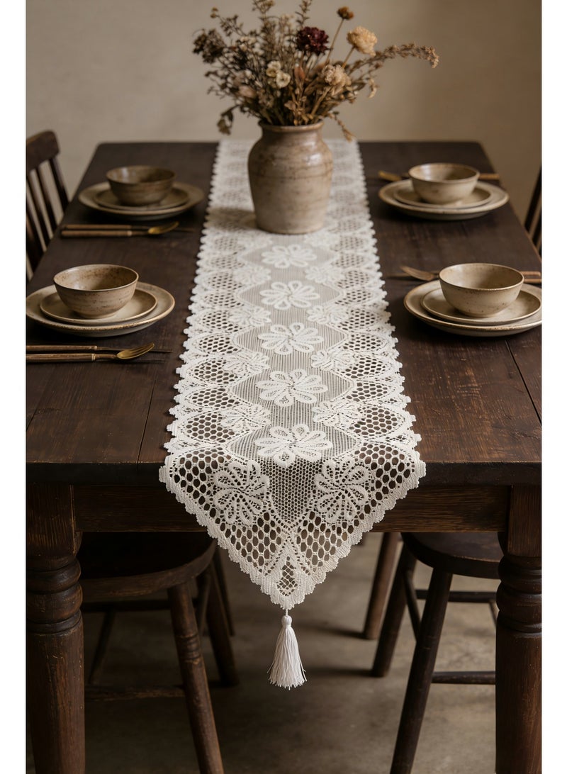 Hollow Lace Table Runner, 182x33cm White Table Runner With Tassels, Vintage Cotton Crochet Table Runner, Fresh TV Cabinet And Coffee Table Cover, Pointed Single Tassel Style - Image 3