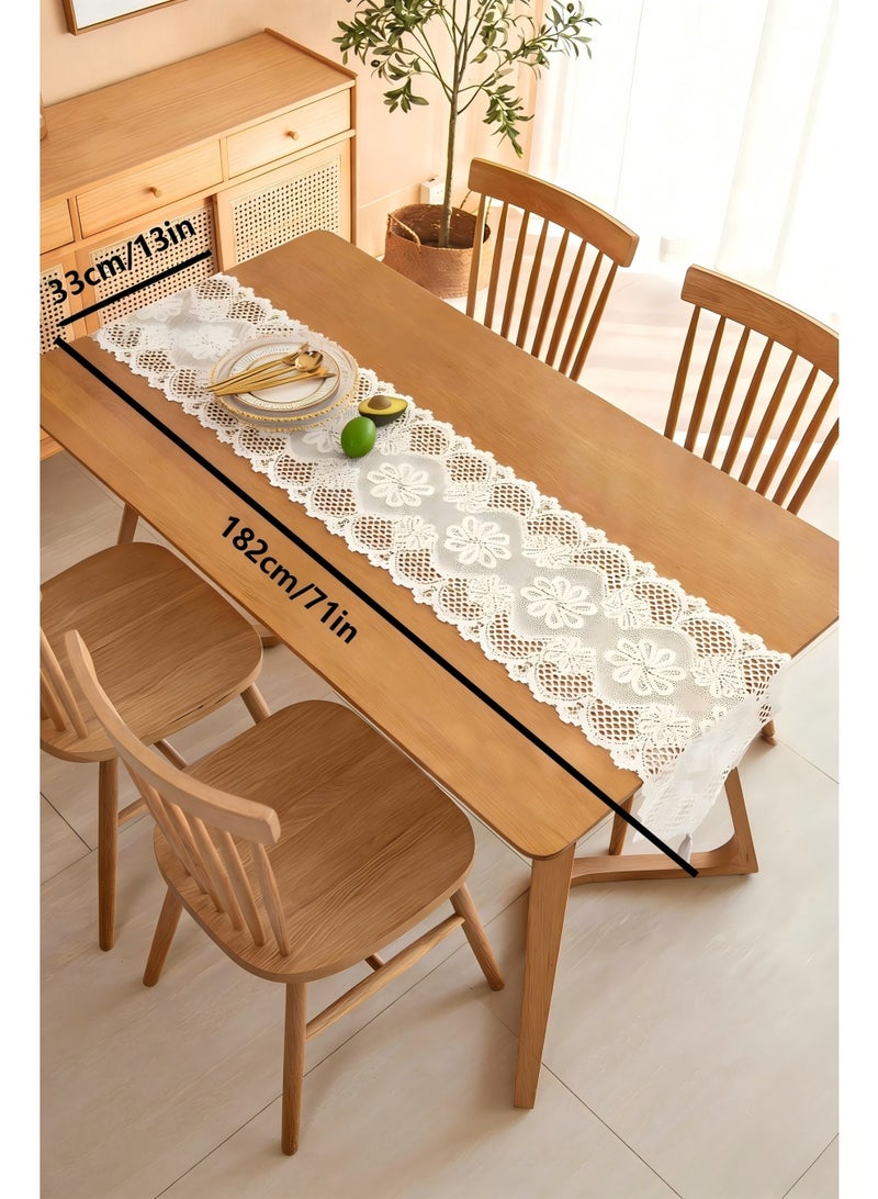 Hollow Lace Table Runner, 182x33cm White Table Runner With Tassels, Vintage Cotton Crochet Table Runner, Fresh TV Cabinet And Coffee Table Cover, Pointed Single Tassel Style - Image 2