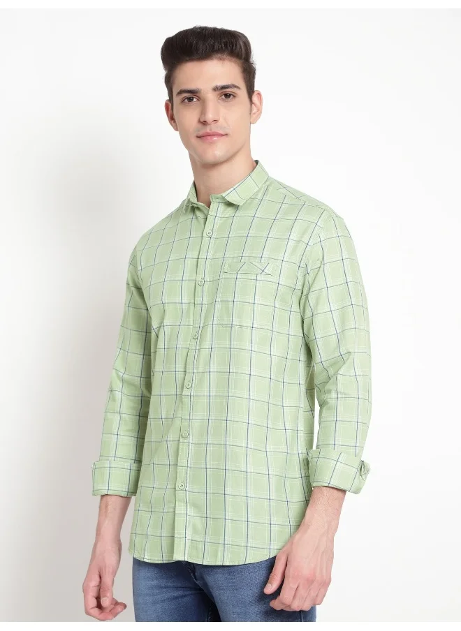 Beyoung Long Sleeve Tea Green Checked Shirts for Men
