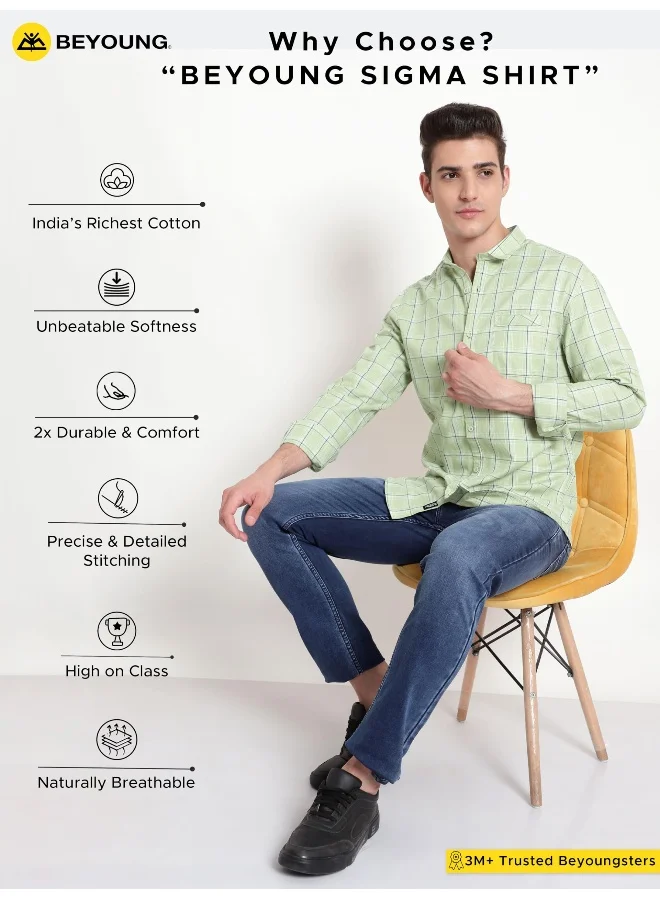 Beyoung Long Sleeve Tea Green Checked Shirts for Men