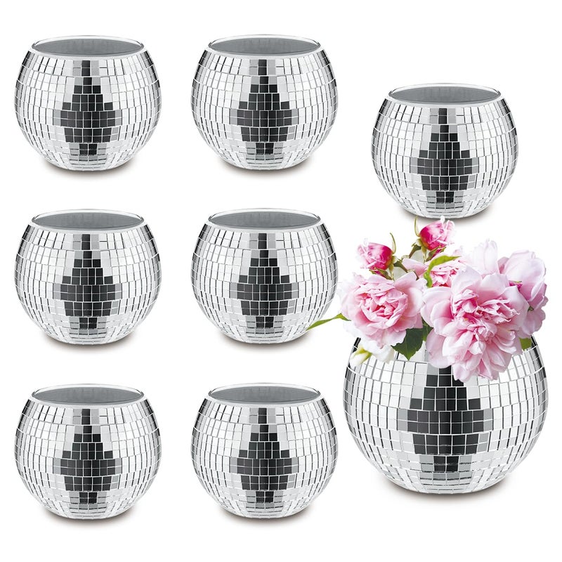 MXOYOXM 8 PCS Silver Disco Ball Vase,Glass Disco Ball Planter Candle Holder Vase Bulk Mirror Disco Ball Flower Vase for Wedding Centerpieces,Birthday,Office,Bedroom - Image 1