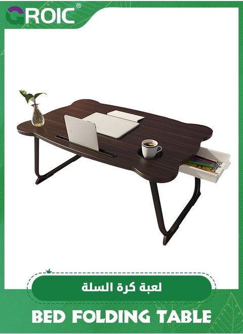 Bed Folding Tables, Portable Laptop Stand Bed Desk with Drawers, Tray and Cup Holder, Laptop Desk Lap Desk, Foldable Legs Reading Holder Notebook Stand for Working on Bed/Sofa Couch - Brown