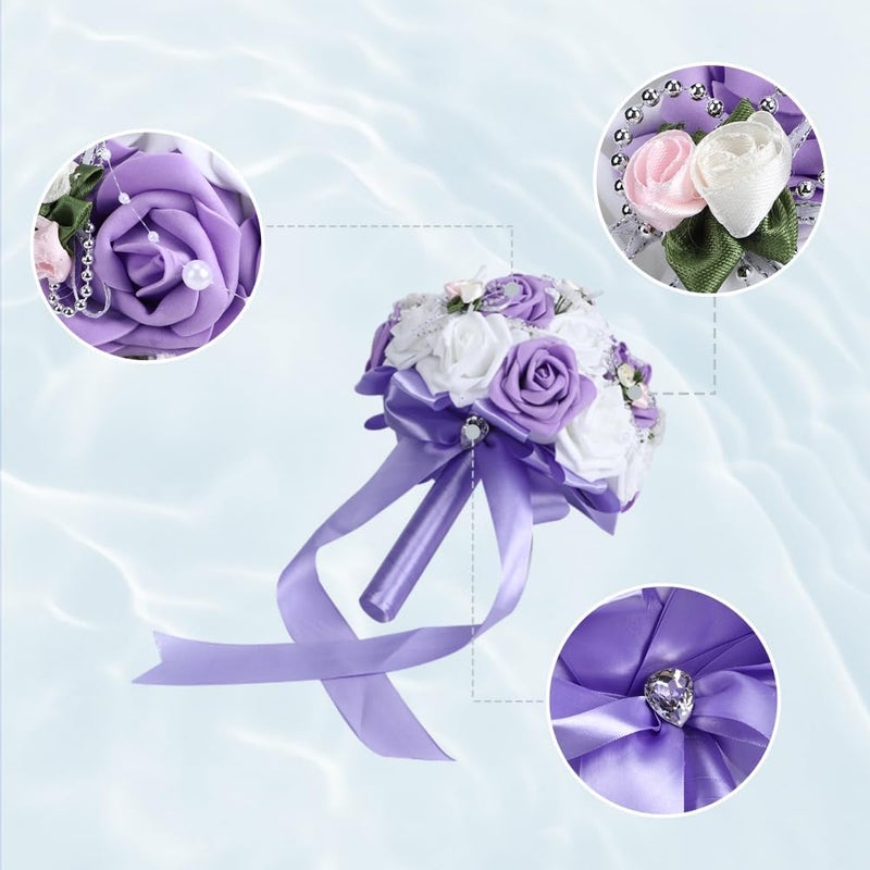 BORDSTRACT Artificial Bouquet, Elegant Silk Flower Bridal Bouquet with Faux Pearls Wedding Bouquets Romantic Wedding Decoration for Bride Bridesmaid(Purple) - Image 5