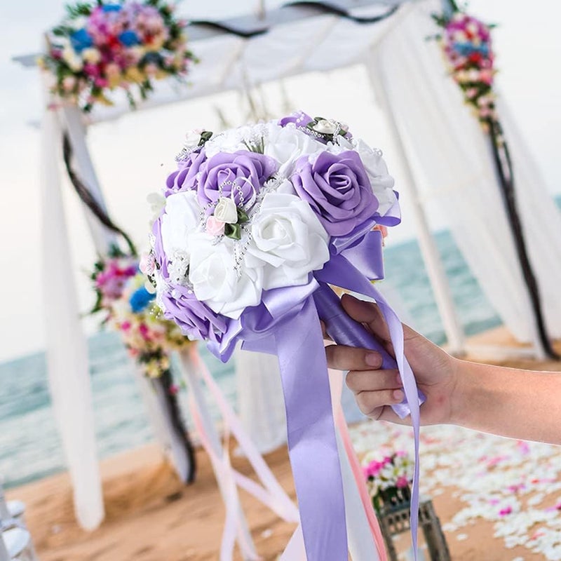BORDSTRACT Artificial Bouquet, Elegant Silk Flower Bridal Bouquet with Faux Pearls Wedding Bouquets Romantic Wedding Decoration for Bride Bridesmaid(Purple) - Image 2