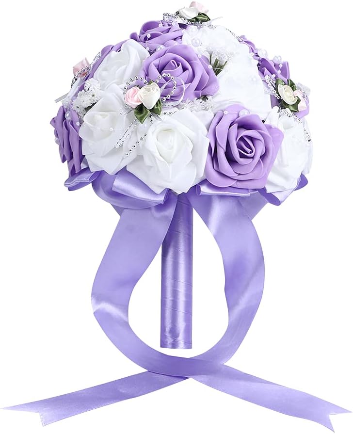 BORDSTRACT Artificial Bouquet, Elegant Silk Flower Bridal Bouquet with Faux Pearls Wedding Bouquets Romantic Wedding Decoration for Bride Bridesmaid(Purple) - Image 1