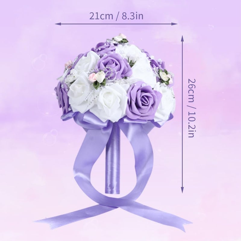BORDSTRACT Artificial Bouquet, Elegant Silk Flower Bridal Bouquet with Faux Pearls Wedding Bouquets Romantic Wedding Decoration for Bride Bridesmaid(Purple) - Image 4