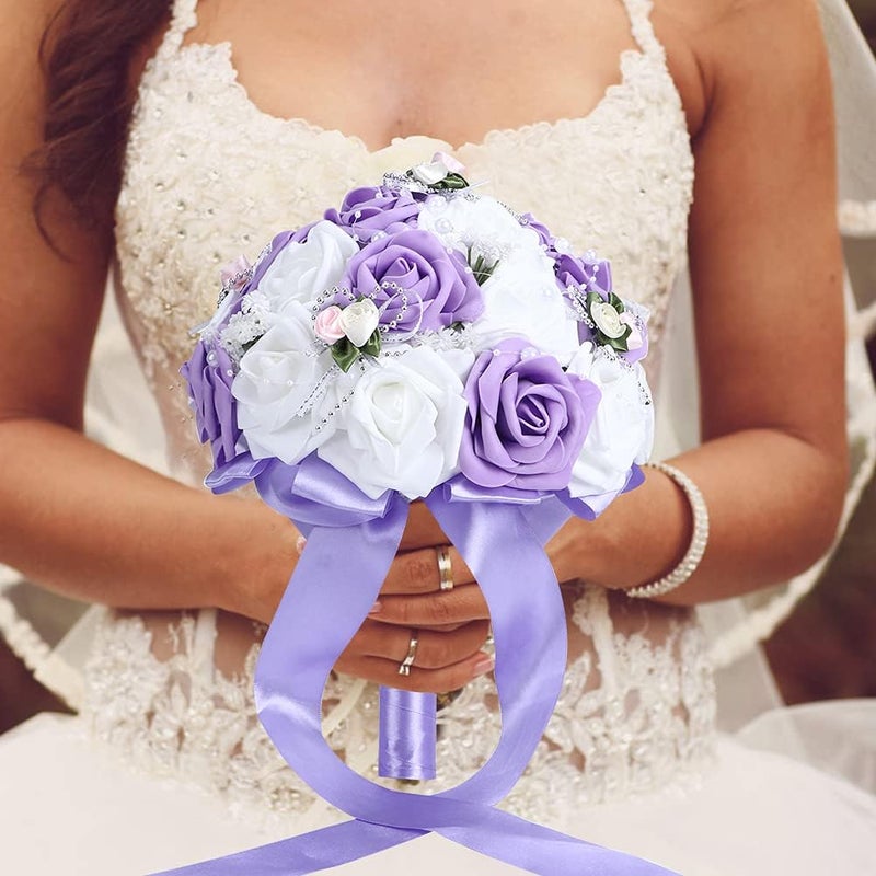BORDSTRACT Artificial Bouquet, Elegant Silk Flower Bridal Bouquet with Faux Pearls Wedding Bouquets Romantic Wedding Decoration for Bride Bridesmaid(Purple) - Image 3