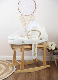 FUN MOMENT Moses Basket Off White Color with Wooden Rocking Stand  - Image 1