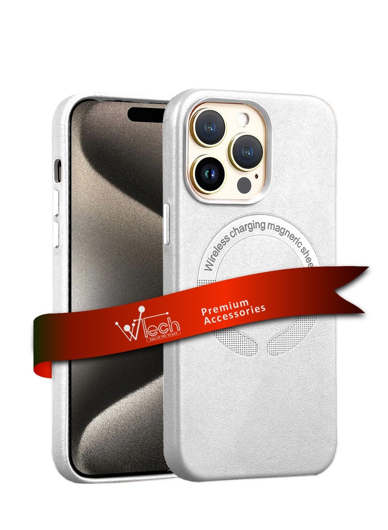 Wtech Leather Magnetic Wireless Charging Case Original MagSafe Shockproof Case Cover For Apple iPhone 15 Pro 2023 Luxury White - Image 1
