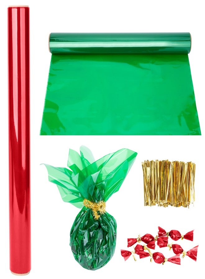 Wehhbtye 2 Rolls Christmas Cellophane Roll - 33Ft Long x 32In Wide Transparent Cellophane Wrapping Paper with 800PCS 3”Gold Twist Ties - Colored Cellophane Wrap for Gift Basket Treats Package Storage - Image 1