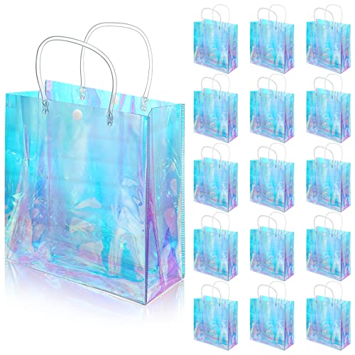 Sherr 16 Pcs Holographic Small Gift Bag Reusable Iridescent Clear Bags for Women PVC Plastic Goodie Holder with Handles for Shopping Christmas Holiday Gift Party Favor(7.87" x 7.87" x 3.15",Rainbow) - Image 1