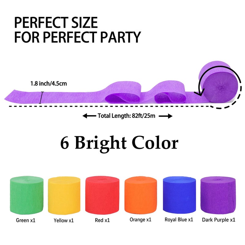 Suaxova 6 Rolls 492ft Rainbow Crepe Paper Streamers, 6 Colors Pack of Paper Party Streamers for Colorful Party Decorations, Birthday Decorations, Wedding Decorations (1.8 Inch x 82 Ft/Roll) - Image 2