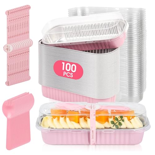 JPPSUJJ 100 Pack Mini Cake Pans with Lids and Spoons, Disposable Aluminum Foil Cake Tins（6.8oz） Individual Small Cake Baking Containers for Party, Wedding, Birthday - Image 1