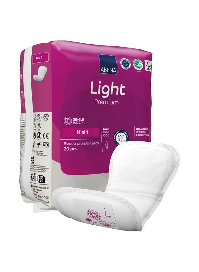 Abena Abena Light Incontinence Pads For Women, Anatomically Designed Barriers For Urinary Leak Protection, Breathable, Comfortable with Fast Absorption, Self-adhesive Strips - Light Mini 1, 180ml, 20 Count  - Image 1