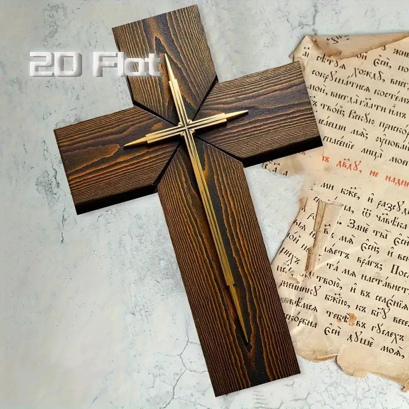 1 Pc Vintage Wooden Cross Wall Decor With Gold Accent Design For Church Home Office Ambiance Textured Finish - Image 5