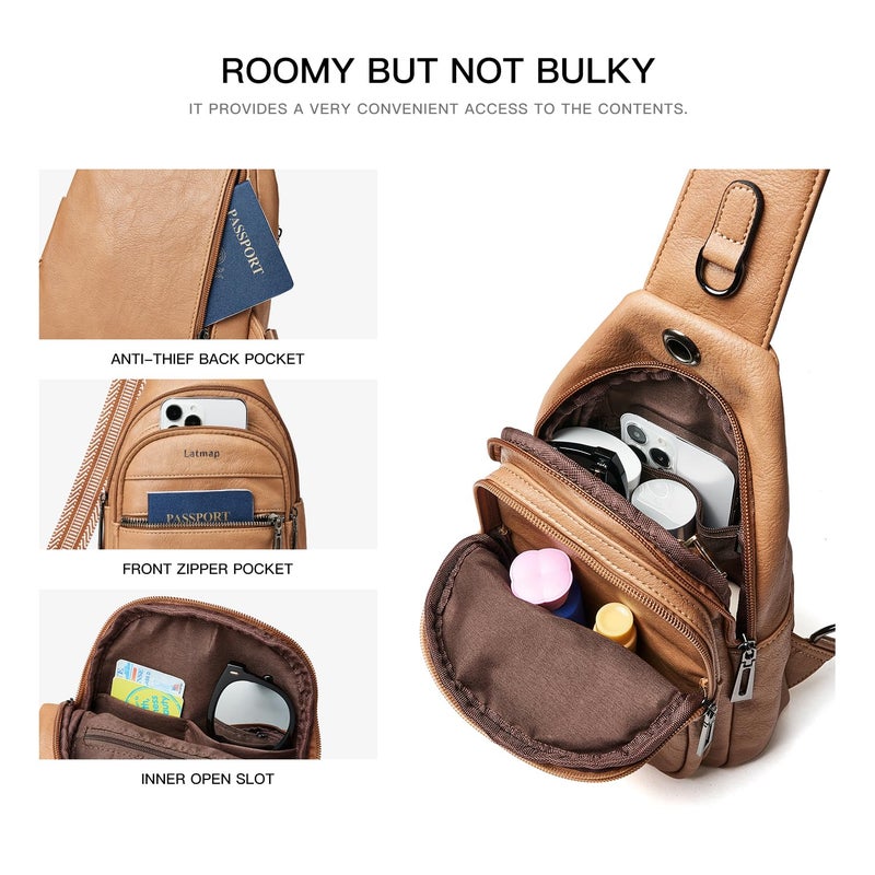 LATMAP 7L Sling Bag For Women Faux Leather Anti Theft Small Casual Daypack Backpack Fanny Pack Crossbody Chest Bags Purse Waterproof Tan - Image 5