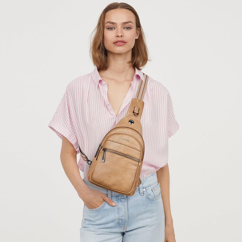 LATMAP 7L Sling Bag For Women Faux Leather Anti Theft Small Casual Daypack Backpack Fanny Pack Crossbody Chest Bags Purse Waterproof Tan - Image 2
