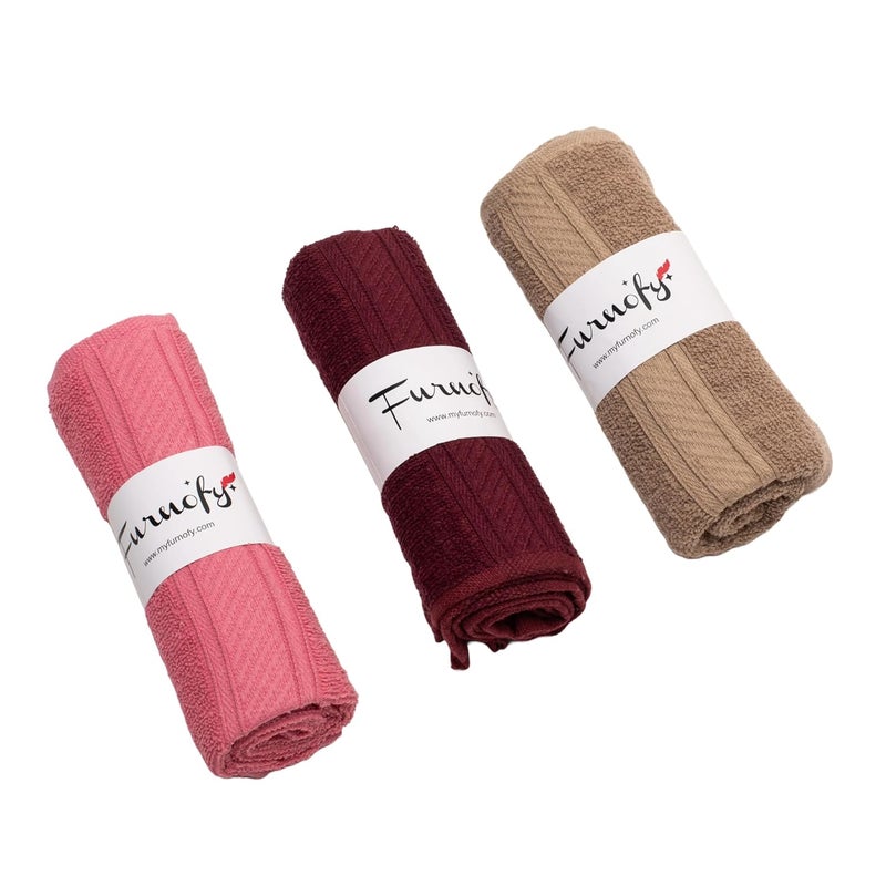 Furnofy 450 GSM Hand Towel Set of 3 Soft Absorbent Quick Dry Towel for Gym Home Kitchen Pool Travel 40x60 cm Pink Maroon Beige - Image 1
