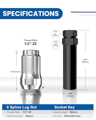 GAsupply 12 x 20 Lug Nuts 1220 Closed End 6 Spline Tuner Lug Nut Set 138 35mm Tall Conical Seat 60 Degree Lug Nuts 20 Pack1 Socket Key - Image 3