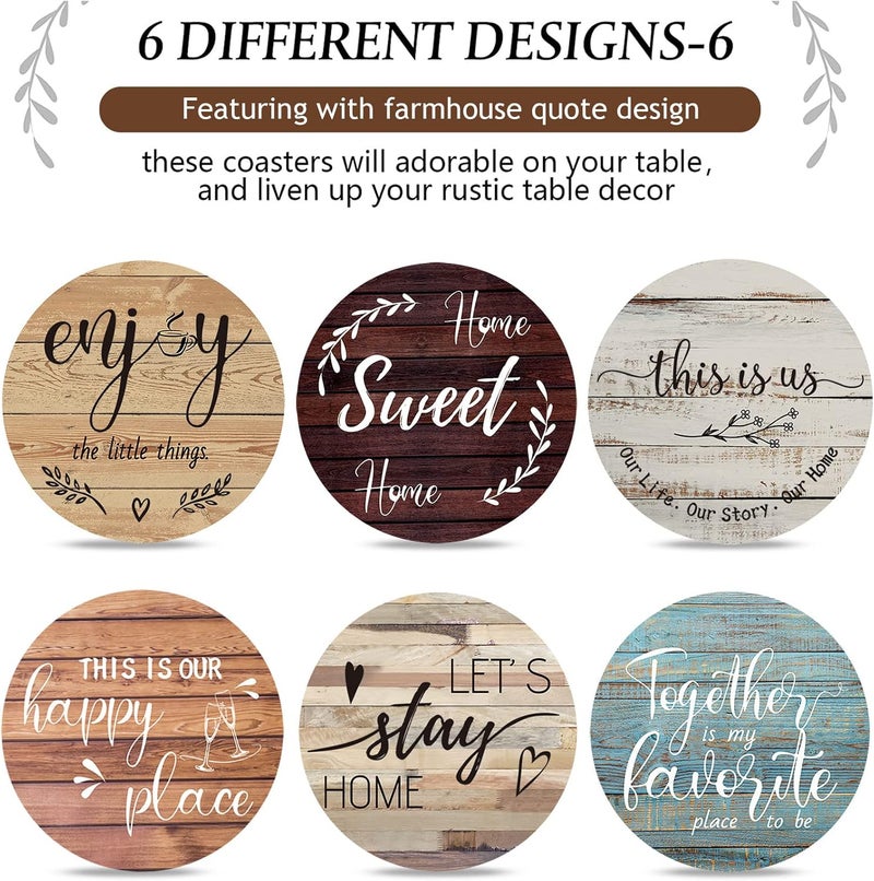 Queekay Housewarming Gifts for Home Decoration Wooden Heart Coasters for Drinks 6 Set Farmhouse Coasters with Holder Funny for Family Coffee Table Protection, 4''(Farmhouse Color) - Image 4