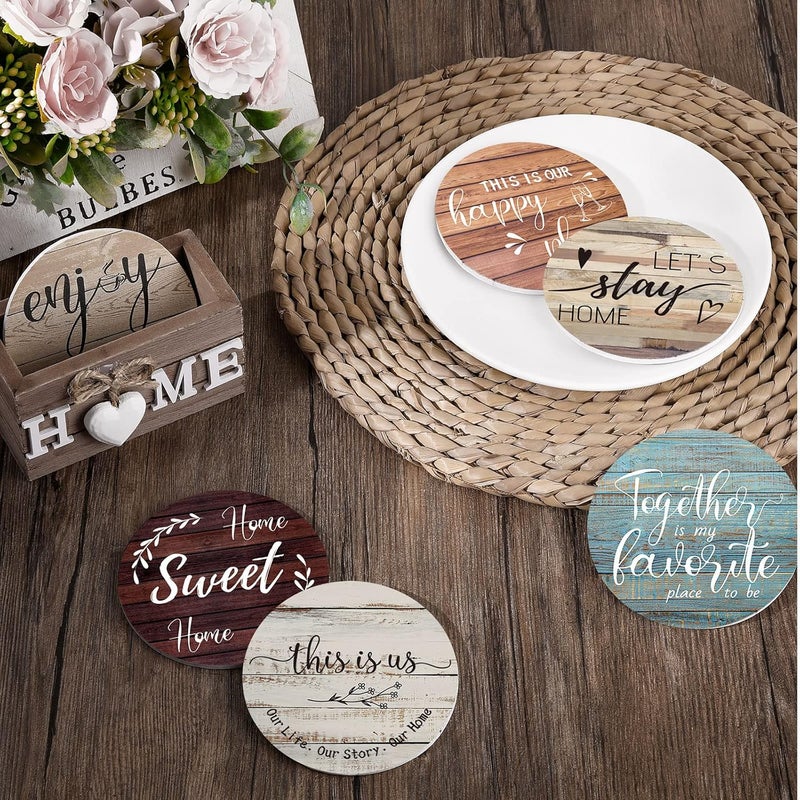 Queekay Housewarming Gifts for Home Decoration Wooden Heart Coasters for Drinks 6 Set Farmhouse Coasters with Holder Funny for Family Coffee Table Protection, 4''(Farmhouse Color) - Image 5